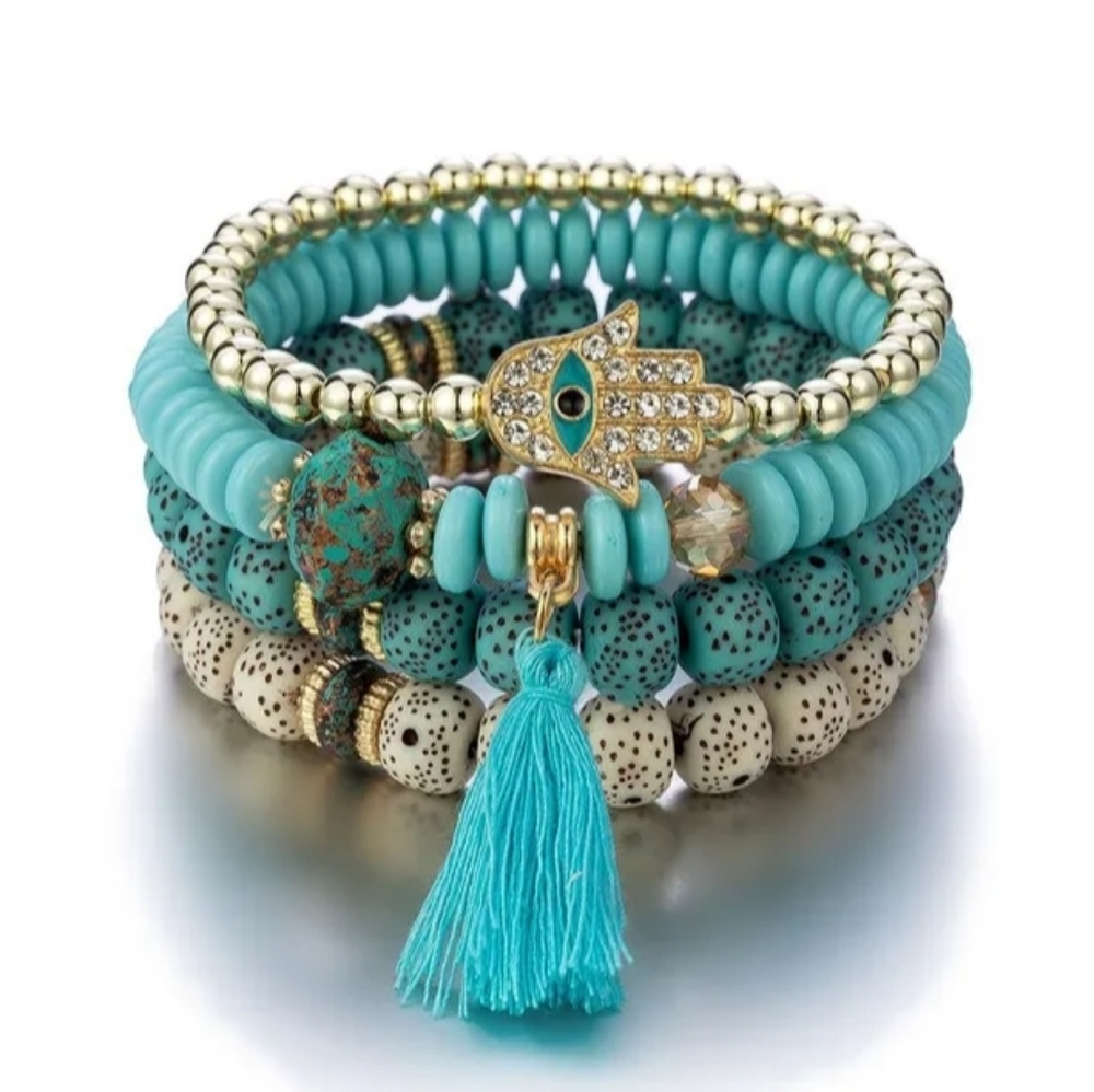 Turquoise Beaded Stack Bracelet Set with Hamsa Charm